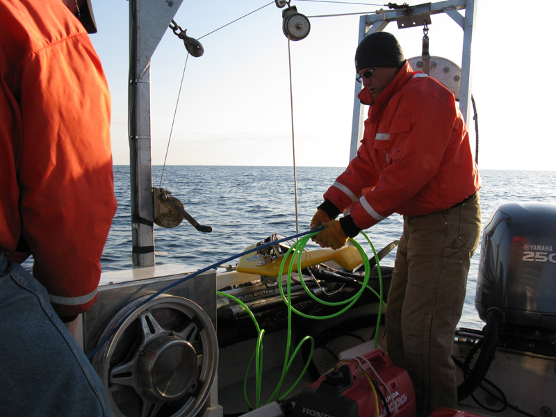 Preparing the tow fish